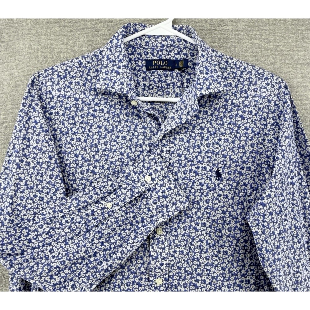 Polo Ralph Lauren Shirt Men Size Large White Blue Floral Long Sleeve Cotton